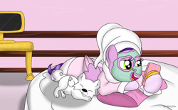 Size: 1280x793 | Tagged: safe, artist:small-brooke1998, cloudpuff, pipp petals, dog, pegasus, pomeranian, pony, g5, my little pony: a new generation, asmr, bathrobe, cellphone, clothes, female, mare, mud mask, phone, pillow, robe