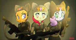 Size: 1736x909 | Tagged: safe, artist:mistleinn, apple bloom, scootaloo, sweetie belle, earth pony, anthro, g4, clothes, crossover, female, helmet, meme, trio, uniform, warhammer (game), warhammer 40k, weapon