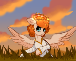 Size: 3000x2406 | Tagged: safe, artist:chukcha, oc, oc only, pegasus, pony, clothes, high res, laurel wreath, looking at you, smiling, solo, spread wings, wings