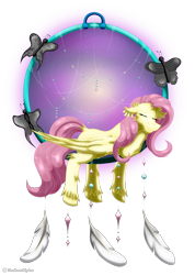 Size: 2317x3255 | Tagged: safe, artist:thebenalpha, fluttershy, butterfly, pegasus, pony, g4, chest fluff, dreamcatcher, ear fluff, eyes closed, feather, floppy ears, high res, simple background, sleeping, solo, transparent background, unshorn fetlocks