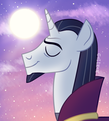 Size: 1700x1890 | Tagged: safe, artist:g4lleon, chancellor neighsay, pony, unicorn, g4, colorful, dark sky, eyes closed, happy, majestic, peaceful, pink sky, purple background, purple sky, simple background, smiling, sun, sunrise, when he smiles