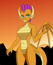 Size: 1400x1700 | Tagged: safe, artist:zachc, smolder, dragon, anthro, g4, breasts, claws, featureless breasts, female, lizard breasts, smiling, solo, wings