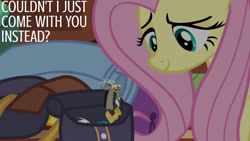Size: 1280x720 | Tagged: safe, edit, edited screencap, editor:quoterific, screencap, discord, fluttershy, draconequus, pegasus, pony, dungeons and discords, g4, season 6, bag, duo, female, fluttershy's cottage, male, mare, saddle bag, smiling, text