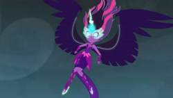 Size: 3410x1920 | Tagged: safe, screencap, sci-twi, twilight sparkle, equestria girls, g4, my little pony equestria girls: friendship games, bare shoulders, female, high res, midnight sparkle, sleeveless, solo, spread wings, strapless, wings