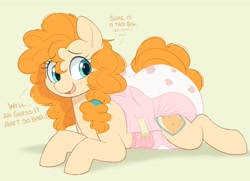 Size: 2057x1486 | Tagged: safe, artist:shuphle, pear butter, earth pony, pony, blushing, diaper, diaper fetish, fetish, lying down, non-baby in diaper, open mouth, open smile, poofy diaper, prone, simple background, smiling, solo