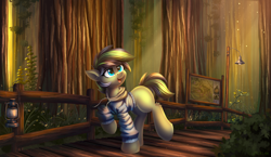 Size: 5000x2900 | Tagged: safe, artist:atlas-66, oc, oc only, earth pony, pony, bridge, clothes, female, forest, lamp, lantern, mare, solo