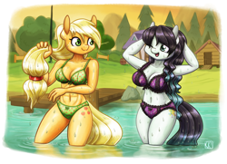 Size: 2500x1805 | Tagged: safe, alternate version, artist:king-kakapo, derpibooru exclusive, applejack, coloratura, earth pony, anthro, g4, abs, adorasexy, apple print underwear, apple underwear, belly button, big breasts, bra, breasts, busty applejack, busty coloratura, cabin, cleavage, clothes, commission, cute, dock, dripping, duo, duo female, female, frilly underwear, green underwear, jackabetes, legs in the water, legs together, music note underwear, one eye closed, open mouth, open smile, panties, pier, purple panties, purple underwear, rarabetes, sexy, smiling, stupid sexy applejack, stupid sexy coloratura, swimming, tail, underwear, water, wet, wet mane