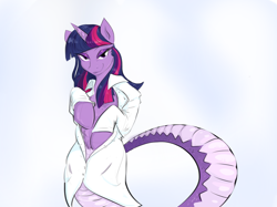 Size: 1720x1286 | Tagged: safe, artist:testostepone, twilight sparkle, lamia, original species, pony, unicorn, g4, bedroom eyes, chest fluff, clothes, eyeshadow, lab coat, lamiafied, looking at you, makeup, scales, simple background, smiling, snake tail, solo, species swap, tail, twilamia, unbuttoned, undressing, white background