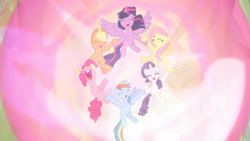 Size: 3410x1920 | Tagged: safe, screencap, applejack, fluttershy, pinkie pie, rainbow dash, rarity, twilight sparkle, alicorn, earth pony, pegasus, pony, unicorn, g4, season 9, the beginning of the end, applejack's hat, cowboy hat, eyes closed, female, hat, magic, mane six, mare, nose in the air, open mouth, open smile, smiling, spread wings, telekinesis, twilight sparkle (alicorn), uvula, volumetric mouth, wings