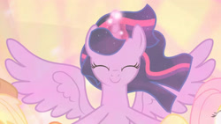 Size: 3410x1920 | Tagged: safe, screencap, applejack, fluttershy, twilight sparkle, alicorn, earth pony, pegasus, pony, g4, season 9, the beginning of the end, applejack's hat, cowboy hat, eyes closed, female, hat, magic, mare, offscreen character, smiling, solo focus, spread wings, telekinesis, twilight sparkle (alicorn), wings
