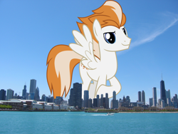 Size: 2048x1536 | Tagged: safe, artist:chainchomp2 edits, artist:thegiantponyfan, edit, fire streak, pegasus, pony, g4, chicago, giant pegasus, giant pony, highrise ponies, illinois, irl, looking at you, macro, male, mega giant, photo, ponies in real life, raised hoof, smiling, solo, spread wings, stallion, story included, wings