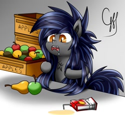Size: 1568x1449 | Tagged: artist needed, source needed, safe, oc, oc:echo, bat pony, pony, apple, chest fluff, drool, fangs, female, food, hair grab, imminent nom, juice, juice box, mare, pear, signature, solo
