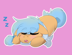 Size: 1656x1256 | Tagged: safe, artist:rokosmith26, oc, oc only, earth pony, pony, blushing, cheek fluff, chibi, clothes, commission, cute, earth pony oc, eyes closed, female, floppy ears, freckles, hairband, lying down, mare, markings, open mouth, pink background, prone, scarf, simple background, sleeping, solo, tail, ych result