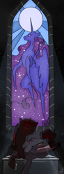 Size: 680x1846 | Tagged: safe, artist:owllion, princess luna, oc, alicorn, bat pony, pony, g4, bat pony oc, male, redraw, solo, stained glass, stallion