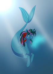 Size: 2059x2912 | Tagged: safe, artist:ellor-kriston, oc, oc only, fish, merpony, pony, seapony (g4), unicorn, blue background, bubble, female, fish tail, flowing mane, flowing tail, high res, mare, ocean, seaponified, simple background, solo, species swap, sunlight, tail, underwater, water