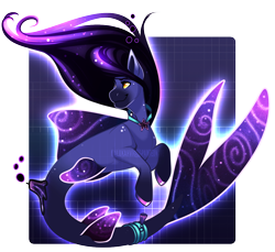 Size: 1200x1097 | Tagged: safe, artist:paintedwave, oc, oc only, hybrid, merpony, seapony (g4), adoptable, bioluminescent, dorsal fin, fins, fish tail, flowing tail, glowing, jewelry, necklace, orange eyes, purple background, purple mane, simple background, smiling, solo, tail, transparent background