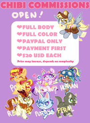 Size: 800x1100 | Tagged: safe, artist:yokokinawa, autumn blaze, derpy hooves, rainbow dash, sunset shimmer, g4, advertisement, chibi, commission info