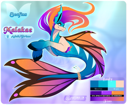 Size: 1063x885 | Tagged: safe, artist:paintedwave, oc, oc only, merpony, seapony (g4), adoptable, blue eyes, crepuscular rays, dorsal fin, female, fins, fish tail, flowing mane, flowing tail, logo, looking at you, mare, ocean, smiling, solo, sunlight, swimming, tail, underwater, unshorn fetlocks, water