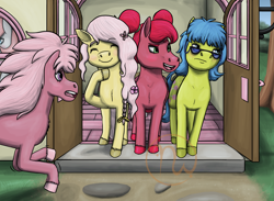 Size: 3000x2200 | Tagged: safe, artist:azurllinate, cherries jubilee, lickety-split, posey, tootsie, earth pony, pony, g1, 1985, accessory, annoyed, blue eyes, braid, cafe, cherries cuteilee, chest fluff, cute, diatoots, dirt road, door, eyes closed, female, flower, flower in hair, g1 licketybetes, green eyes, hair bun, high res, hooves, impatient, long mane, long tail, open door, open mouth, poseybetes, purple eyes, raised hoof, ribbon, smiling, standing, sunglasses, tail, tree, wavy mane, window