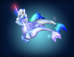 Size: 1659x1272 | Tagged: safe, artist:jahpan, oc, oc only, hybrid, merpony, seapony (g4), unicorn, blue background, blue eyes, dorsal fin, female, fish tail, flowing mane, flowing tail, glowing, glowing horn, horn, male, mare, ocean, shipping, simple background, stallion, swimming, tail, underwater, water
