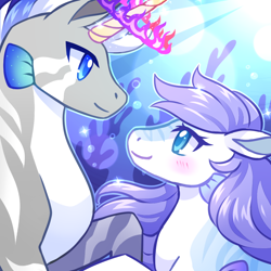 Size: 1000x1000 | Tagged: safe, artist:miizue, oc, oc only, hybrid, merpony, pony, seapony (g4), unicorn, blue eyes, bubble, coral, crepuscular rays, female, fins, flowing mane, horn, looking at each other, looking at someone, male, mare, ocean, purple mane, seaponified, shipping, size difference, smiling, sparkles, species swap, stallion, sunlight, underwater, water