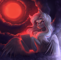 Size: 3378x3357 | Tagged: safe, artist:zzruo, oc, oc only, oc:glittering silver, pegasus, pony, blood moon, cloud, evil smile, female, grin, high res, mirror, moon, smiling