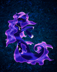 Size: 1200x1500 | Tagged: safe, artist:lisarutherfordium, princess luna, alicorn, hybrid, merpony, pony, sea pony, seapony (g4), g4, blue background, blue mane, dorsal fin, ethereal mane, female, fins, fish tail, flowing mane, flowing tail, hoof shoes, horn, mare, mermay, ocean, seaponified, seapony luna, simple background, solo, species swap, starry mane, swimming, tail, underwater, water
