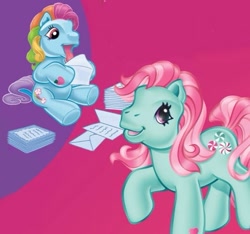 Size: 501x469 | Tagged: safe, artist:ken edwards, artist:lyn fletcher, minty, rainbow dash (g3), earth pony, pony, g3, my little pony live: the world's biggest tea party, duo, duo female, envelope, female, heart, hoof heart, letter, licking, open mouth, paper, simple background, sitting, tongue out
