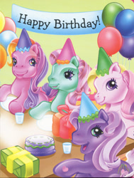 Size: 400x529 | Tagged: safe, fluttershy (g3), minty, rainbow flash, wysteria, earth pony, pony, g3, official, balloon, birthday cake, birthday party, cake, cup, food, happy birthday, hat, party, party hat, plate, present, sitting, table
