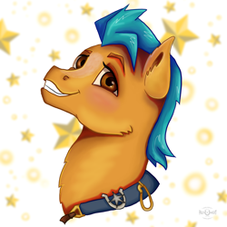 Size: 2755x2755 | Tagged: safe, artist:palettenight, hitch trailblazer, earth pony, pony, g5, spoiler:g5, big smile, cute, embarrassed, high res, looking at you, male, sheriff, smiling, solo, stallion, stars