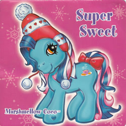 Size: 1080x1080 | Tagged: safe, marshmellow coco (g3), earth pony, pony, g3, official, blue coat, blue mane, bow, brown eyes, caption, clothes, female, hat, heart, hoof heart, mare, name tag, pattern, pink background, pink mane, pom pom, simple background, snow, snowflake, solo, tail, tail bow, text, winter hat, winter outfit