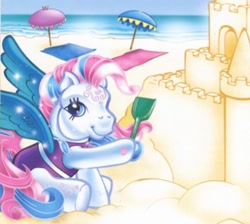 Size: 388x348 | Tagged: safe, artist:lyn fletcher, star catcher, pegasus, pony, g3, official, beach, clothed ponies, clothes, sand, sandcastle, shovel, sitting, solo, swimsuit, tankini, umbrella, water