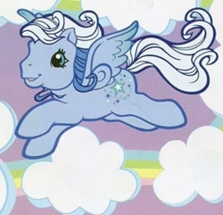 Size: 266x256 | Tagged: safe, silver glow, pegasus, pony, g3, official, blue coat, blue mane, cloud, flying, rainbow, solo, white mane