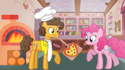 Size: 1280x720 | Tagged: safe, artist:mlplary6, cheese sandwich, pinkie pie, earth pony, pony, g4, boyfriend and girlfriend, chef's hat, female, food, hat, male, mare, meat, pepperoni, pepperoni pizza, pizza, ship:cheesepie, shipping, size difference, smiling, stallion, straight
