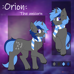 Size: 2500x2500 | Tagged: safe, artist:kianara, oc, oc only, oc:orion, pony, unicorn, chest fluff, clothes, ear fluff, high res, reference sheet, scarf, solo, striped scarf, twitter link