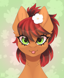 Size: 3528x4320 | Tagged: safe, artist:elektra-gertly, oc, oc only, oc:spot shine, earth pony, pony, :p, bust, colored background, cute, drawing, eye clipping through hair, female, flower, high res, looking at you, mare, ocbetes, portrait, smiling, smiling at you, solo, tongue out