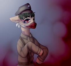 Size: 4000x3738 | Tagged: safe, artist:chukcha, oc, oc only, earth pony, pony, bandana, blood, clothes, ear piercing, hat, looking at you, male, piercing, solo, stallion, unshorn fetlocks