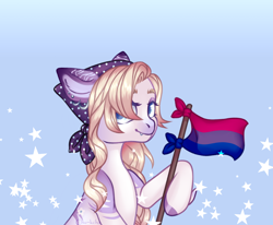 Size: 2226x1830 | Tagged: safe, artist:chukcha, oc, oc only, earth pony, pony, bisexual pride flag, clothes, ear piercing, fangs, female, flag, looking at you, mare, piercing, pride, pride flag, scarf, smiling, solo, stars, unshorn fetlocks