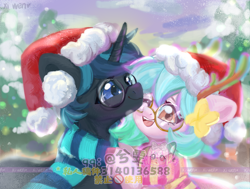 Size: 2185x1650 | Tagged: safe, artist:xi wen, oc, oc only, oc:楠, pony, unicorn, christmas, clothes, glasses, hat, holiday, muffler, obtrusive watermark, santa hat, scarf, snow, striped scarf, sweethearts, watermark