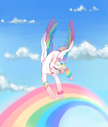Size: 4289x5000 | Tagged: safe, artist:chukcha, oc, oc only, pegasus, pony, bandaid, barrette, cloud, colored wings, eyes closed, female, flying, jewelry, mare, multicolored wings, necklace, rainbow, rainbow wings, sky, smiling, solo, spread wings, tail bracelet, wings, wristband