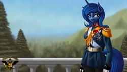 Size: 7680x4320 | Tagged: safe, artist:tsaritsaluna, princess luna, alicorn, anthro, g4, clothes, female, forest, gloves, looking at you, mare, medal, medals, military uniform, mountain, sash, uniform