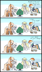 Size: 2243x3879 | Tagged: safe, artist:marbo, derpy hooves, rainbow dash, oc, oc:salmon run, oc:snow shoes, fish, pegasus, pony, yakutian horse, g4, /mlp/, balancing, boots, bush, chest fluff, clothes, coat, coat markings, comic, cute, dialogue, ears, female, fish bush, floppy ears, fluffy, high res, looking at something, looking back, mare, nervous sweat, open mouth, open smile, pale belly, png, ponies balancing stuff on their nose, shocked, shoes, smiling, snow, socks (coat markings), species swap, sweat, sweatdrop, sweatdrops, twibooru import, worried