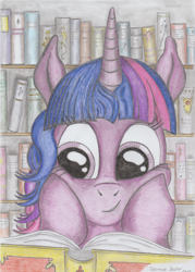 Size: 2480x3464 | Tagged: safe, artist:saturnus sector, twilight sparkle, pony, unicorn, g4, book, bookshelf, high res, reading, smiling, solo, traditional art