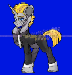 Size: 1380x1440 | Tagged: safe, artist:xi wen, oc, oc only, oc:岺渊, pony, unicorn, blue background, clothes, simple background, solo, suit
