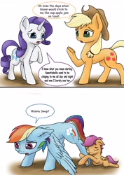 Size: 2892x4096 | Tagged: safe, artist:playful wings, applejack, rainbow dash, rarity, scootaloo, earth pony, pegasus, pony, unicorn, g4, 2 panel comic, backwards cutie mark, comic, cute, cutealoo, floppy ears, hug, leg hug, rainbow dash is not amused, unamused