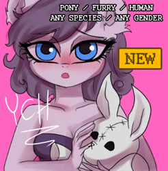 Size: 348x353 | Tagged: safe, artist:cali luminos, anthro, any gender, any species, blushing, breasts, bunny plushie, clothes, commission, cute, doll, dress, female, plushie, solo, toy, your character here