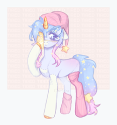 Size: 1143x1227 | Tagged: safe, artist:chukcha, oc, oc only, pony, unicorn, clothes, female, floppy ears, gradient mane, hat, horn, mare, nightcap, socks, solo, stars