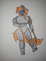 Size: 3120x4160 | Tagged: safe, artist:mental, oc, oc:mental shock, anthro, fallout equestria, alternate universe, armor, power armor, spear, the ass was fat, traditional art, weapon