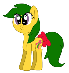 Size: 677x717 | Tagged: safe, artist:funnyclowns64, magic star, earth pony, pony, g1, g4, adorablestar, bow, colored, cute, eye clipping through hair, female, full body, g1 to g4, generation leap, green hair, green mane, green tail, hooves, mare, purple eyes, red bow, simple background, smiling, solo, standing, tail, tail bow, transparent background