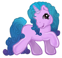 Size: 260x240 | Tagged: safe, artist:vernorexia, edit, vector edit, izzy moonbow, pony, unicorn, g3, g5, my little pony: a new generation, blue mane, curly hair, curly mane, g5 to g3, gradient mane, purple coat, recolor, solo, style emulation, vector